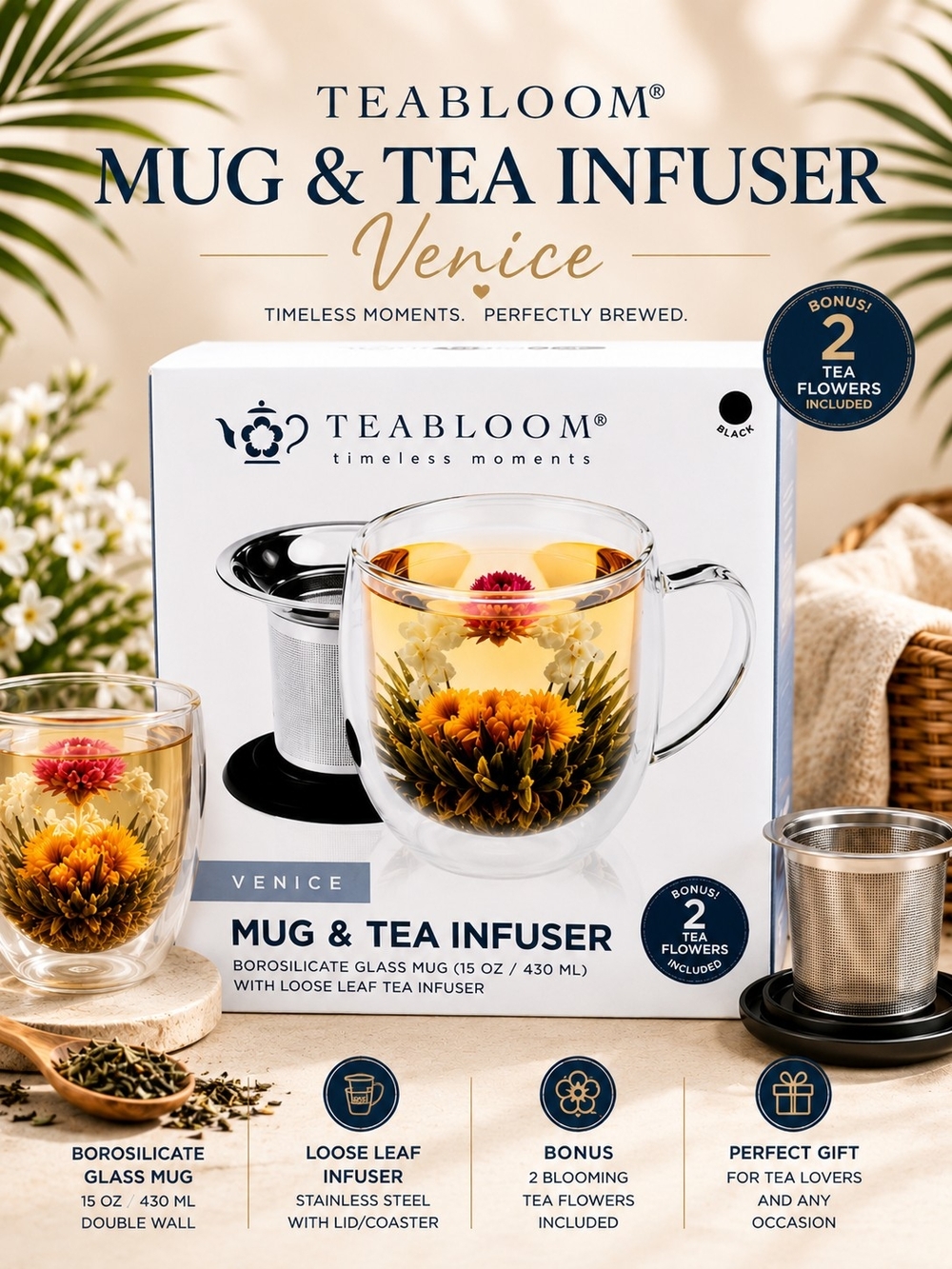 Teabloom Venice Tea Mug & Infuser Set 15 oz NIB w/ 2 Tea Flowers